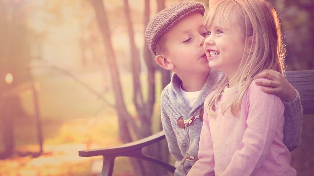 Image: Boy, girl, kiss, smile, joy, mood, friendship, bench, park