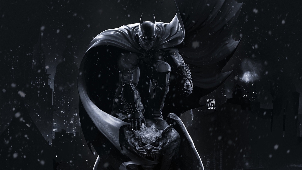 Image: Batman Arkham Origins, Batman, cloak, gargoyle, night, city