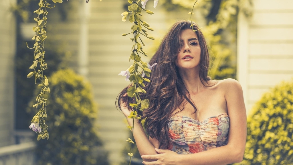 Image: girl, posing, dress, long hair, plant, flowers