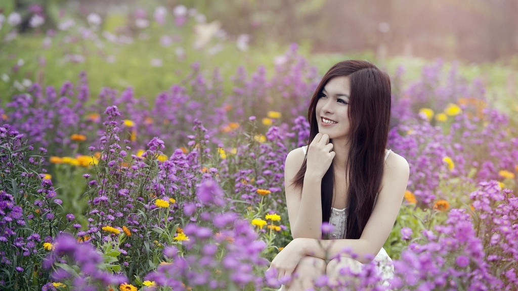 Image: Girl, smiling, sitting, field, flowers, brunette