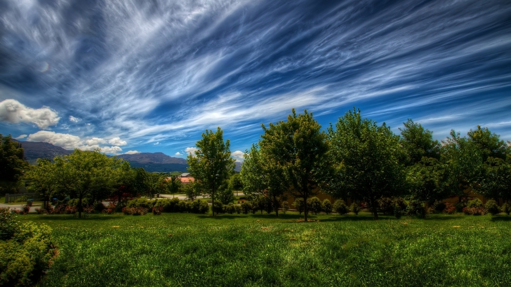 Image: Landscape, trees, greens, grass, clouds, sky, mountains
