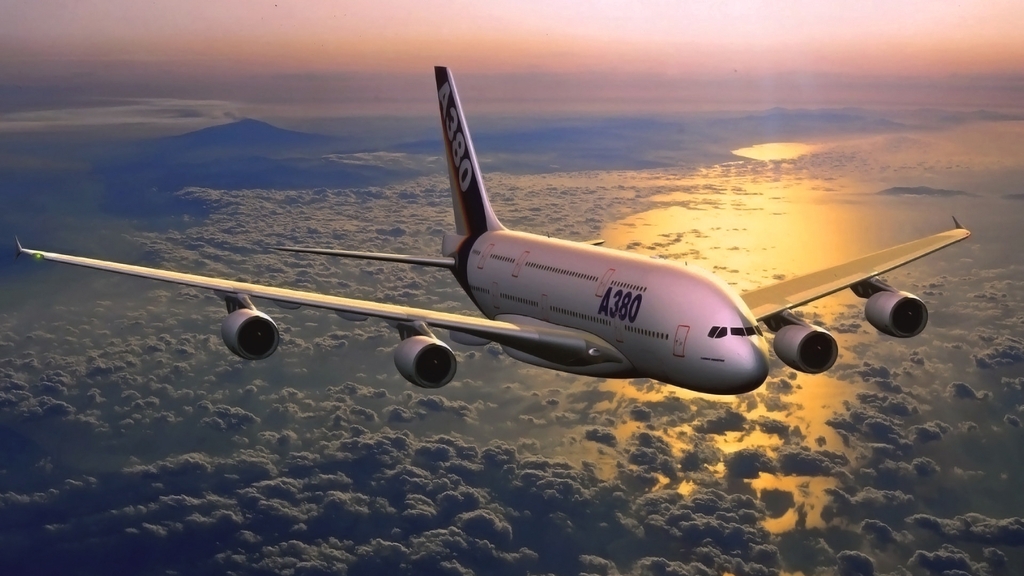 Картинка: Самолёт, A380, горизонт, облака