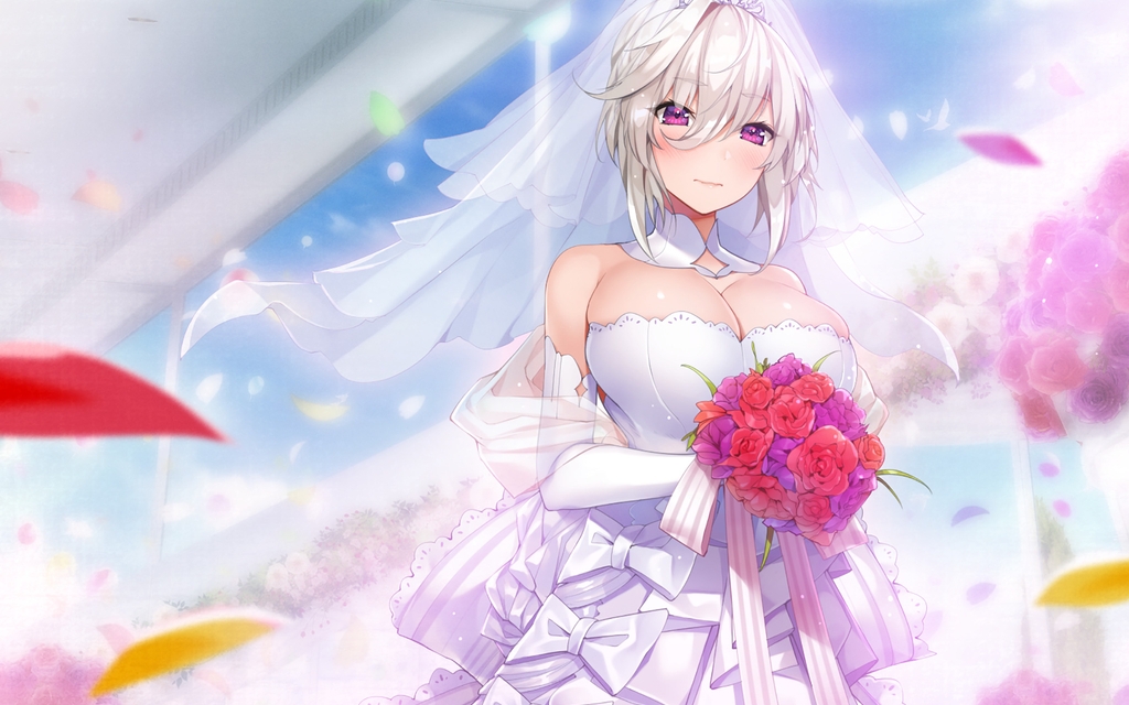 Image: Girl, dress, wedding, anime, bouquet, flowers, leaves, breast