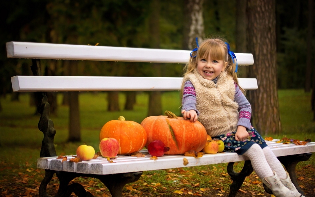 Image: Girl, smile, bench, pumpkins, park, autumn