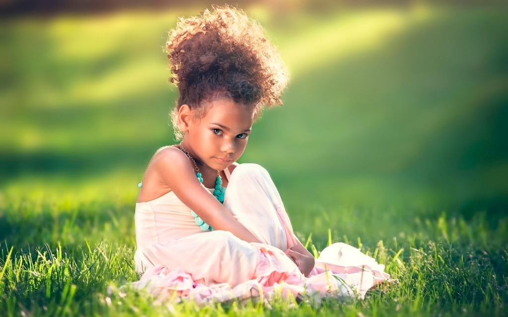 Image: Girl, hairstyle, dress, look, sitting, grass