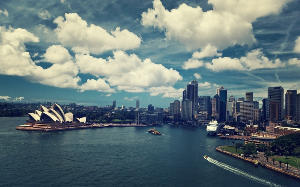 Image: Australia, Sydney, buildings, skyscrapers, metropolis, Sydney Opera House, sea, boats