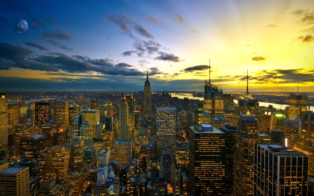 Картинка: New York City, Нью-Йорк, город, высотки, огни, вечер, сумерки, небо, луна