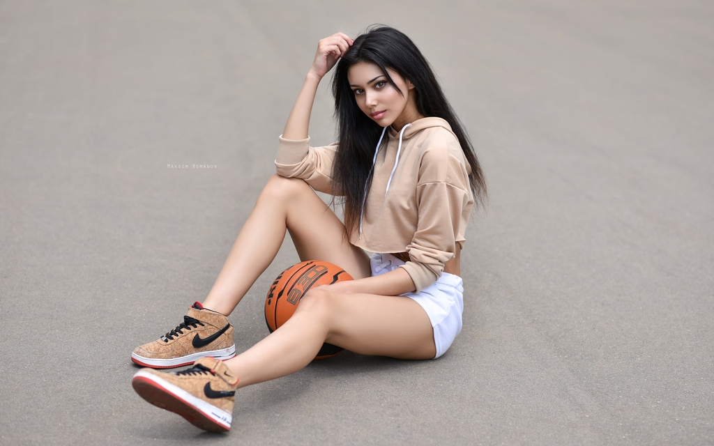 Image: Brunette, girl, sitting, shorts, beautiful, hair, sneakers, brand, ball, basketball, asphalt, Maksim Romanov