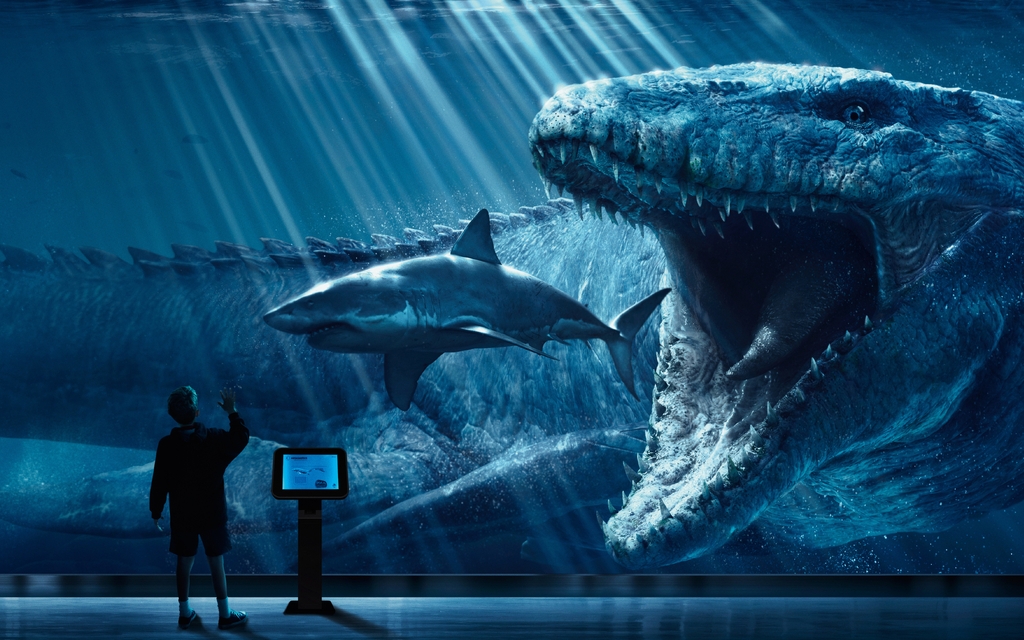 Картинка: Аквариум, динозавр, акула, мальчик, информационная стойка, охота, хищник, мозазавр, Мир юрского периода, фильм