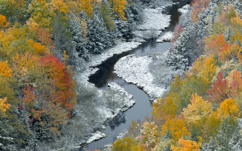 Картинка: Осень, зима, листва, река, вода