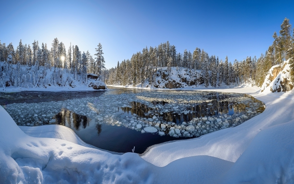 Image: nature, winter, river, forest, snow, taiga