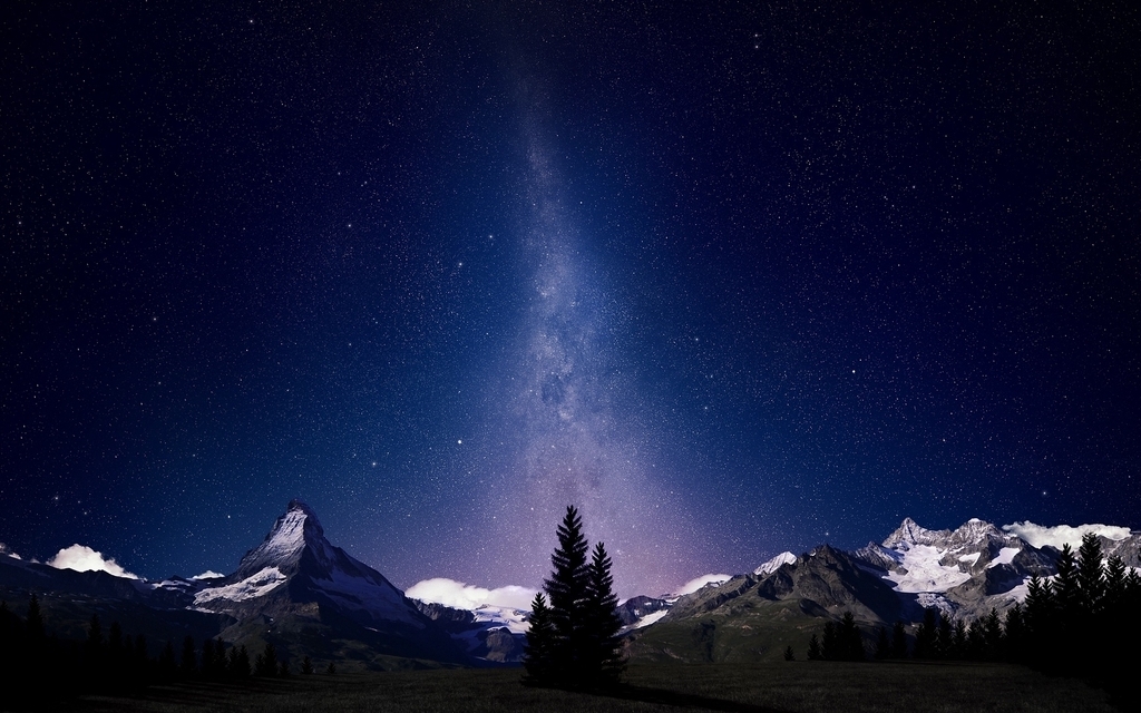 Image: Mountains, trees, sky, stars