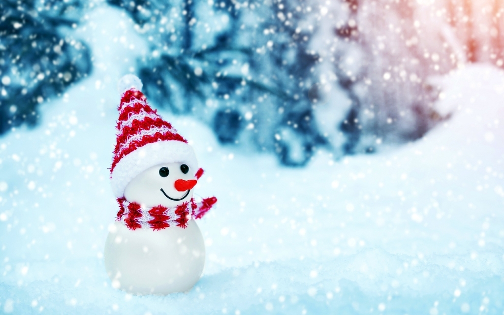 Картинка: Снеговик, зима, снег, улыбается, шапка, шарф, боке
