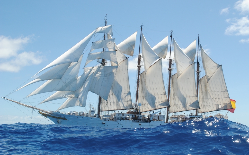 Image: Barcentina, Juan Sebastian Elcano, white sails, ship, Spain, water, ocean, sky, blue