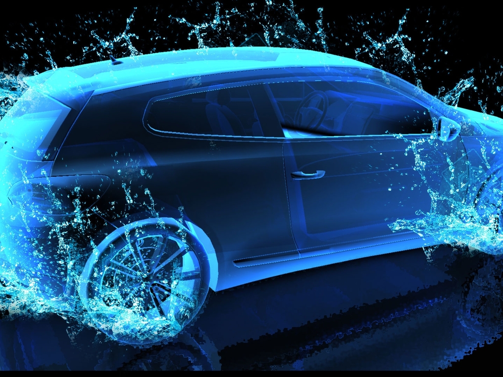 Image: Car, 3D, water, spray, wheels, reflection