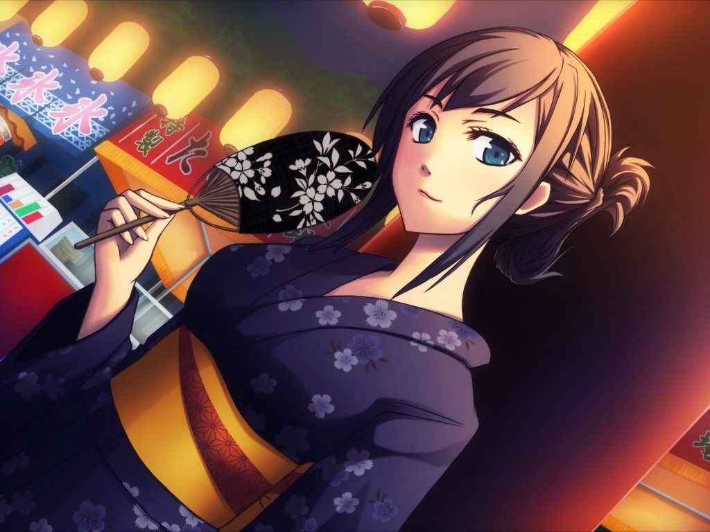 Картинка: Девушка, японка, лицо, глаза, кимоно, веер, иероглифы
