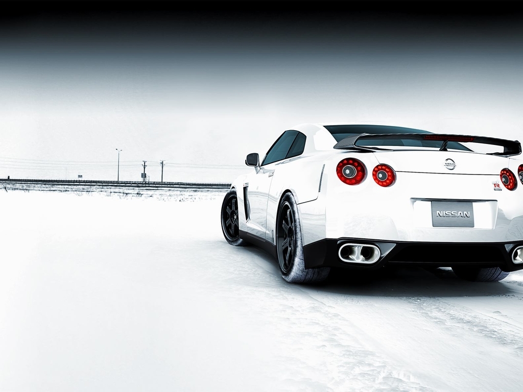 Image: Nissan, GTR, white, snow, winter, railroad