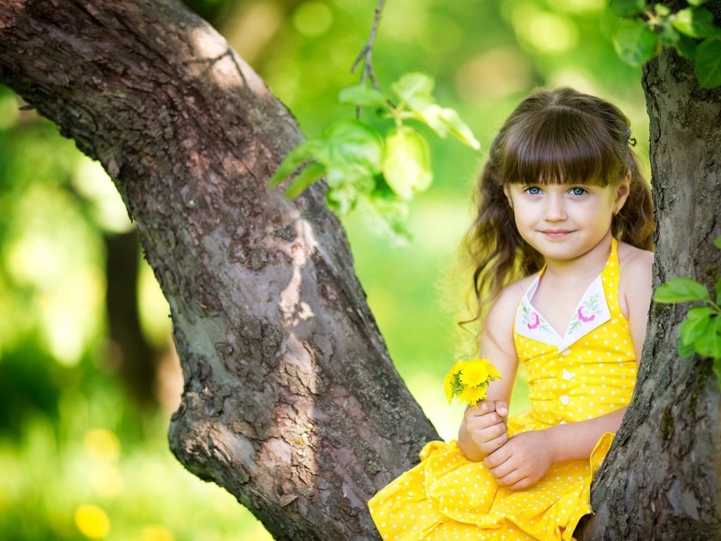Image: Girl, dress, yellow, dandelions, tree, greens, summer