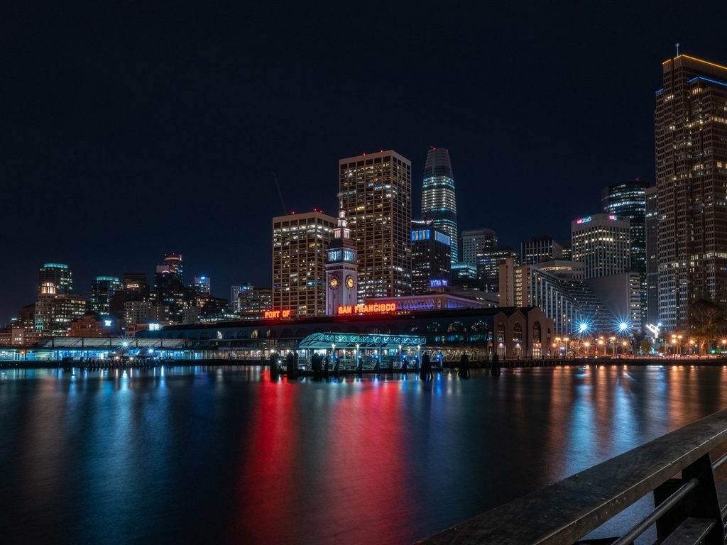 Image: City, night, skyscrapers, port, San Francisco, Port of San Francisco, river, lights