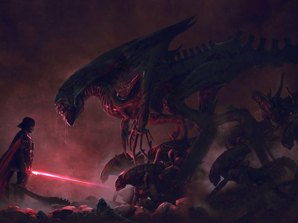 Image: Vader Vs Aliens, Darth Vader, Alien, confrontation, battle, sword, art, light, fog