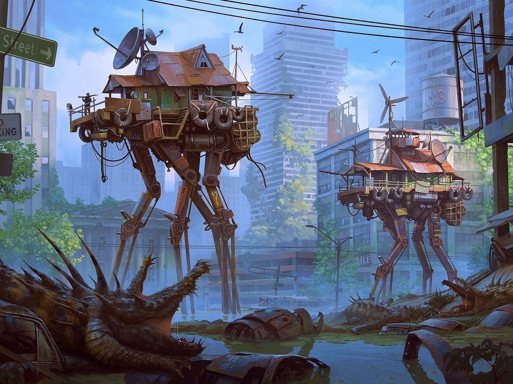 Image: House, walking, mechanism, monster, crocodiles, buildings, houses, city, abandoned, water