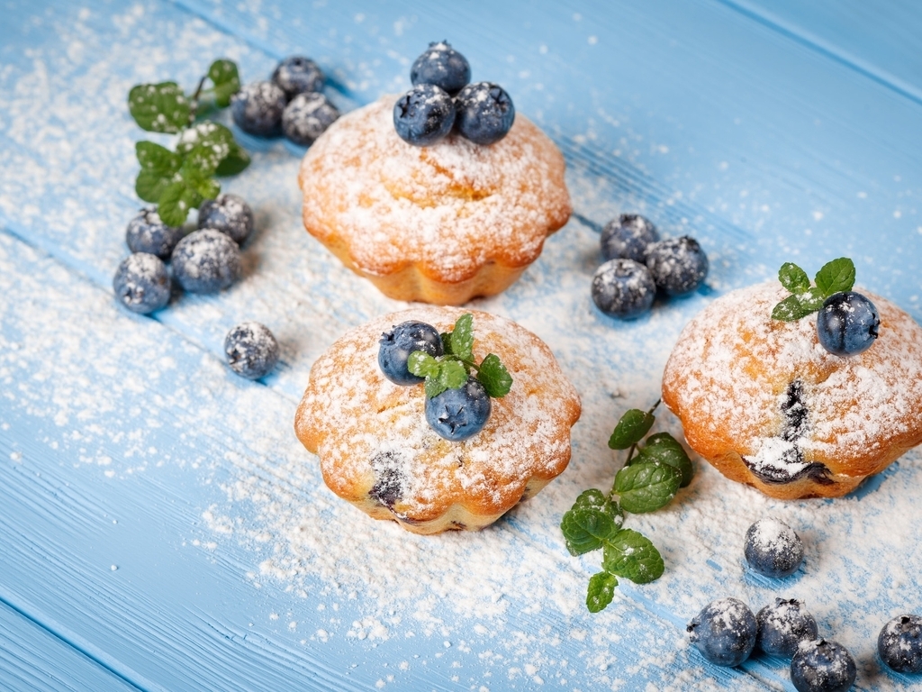 Image: Cupcake, blueberry, powdered sugar, pastry, mint