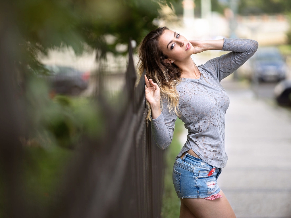 Image: Girl, shorts, sidewalk, pose, hair, glance, fence