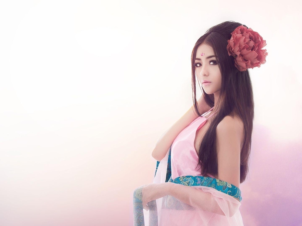 Image: Girl, superb, hair, flower, beautiful background
