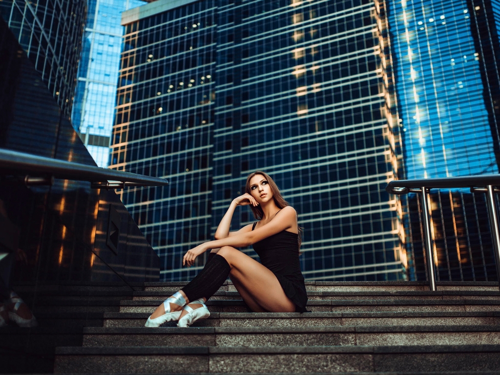 Image: Girl, sitting, staircase, steps, railings, buildings, skyscrapers, view, legs, pointe shoes, ballerina
