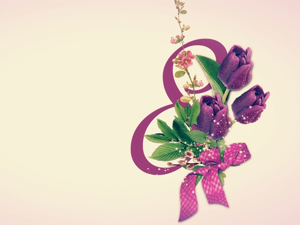 Картинка: 8 Марта, весна, цветы, тюльпаны, бантик, международный женский день, открытка