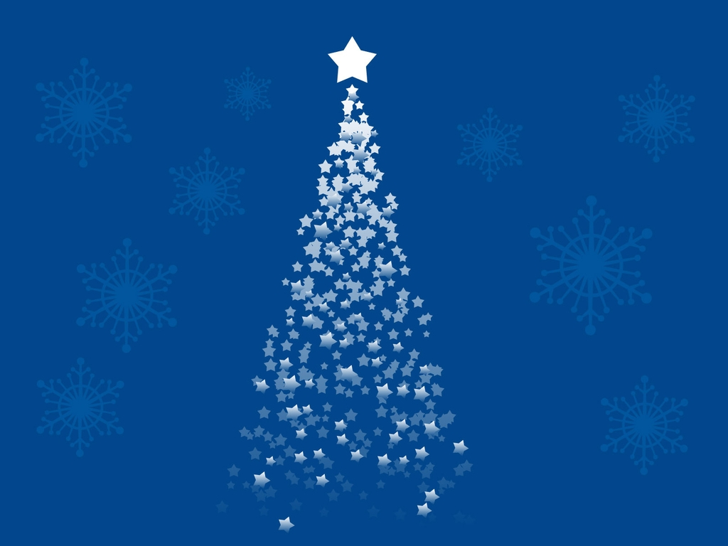 Картинка: Новый год, ёлочка, звёздочки, снежинки, голубой фон