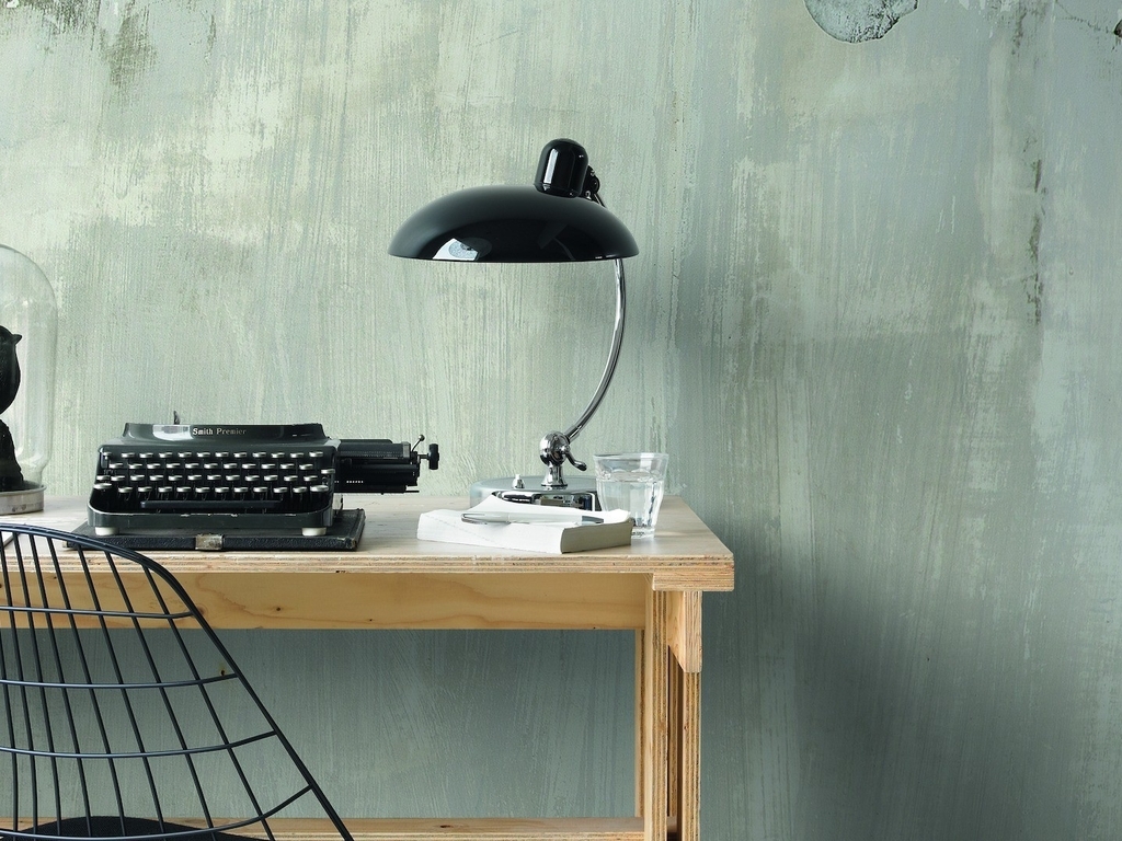 Image: Desk, lamp, wall, table, typewriter, stuffed, chair