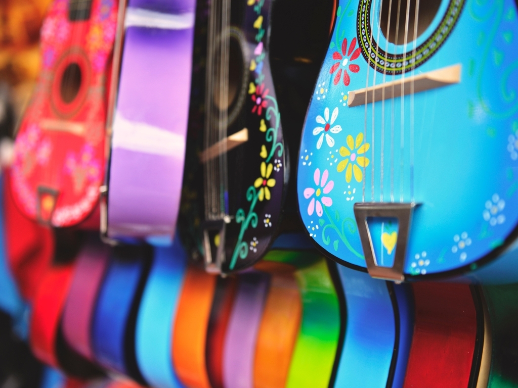 Image: Guitar, colored, color, colorful, painting, flowers, range