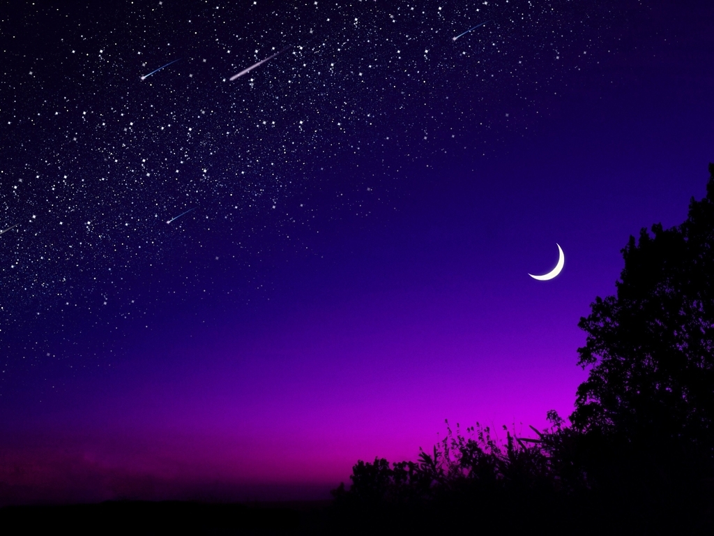 Картинка: Ночь, звёзды, луна, месяц, свет, закат, силуэт, дерево, горизонт, небо
