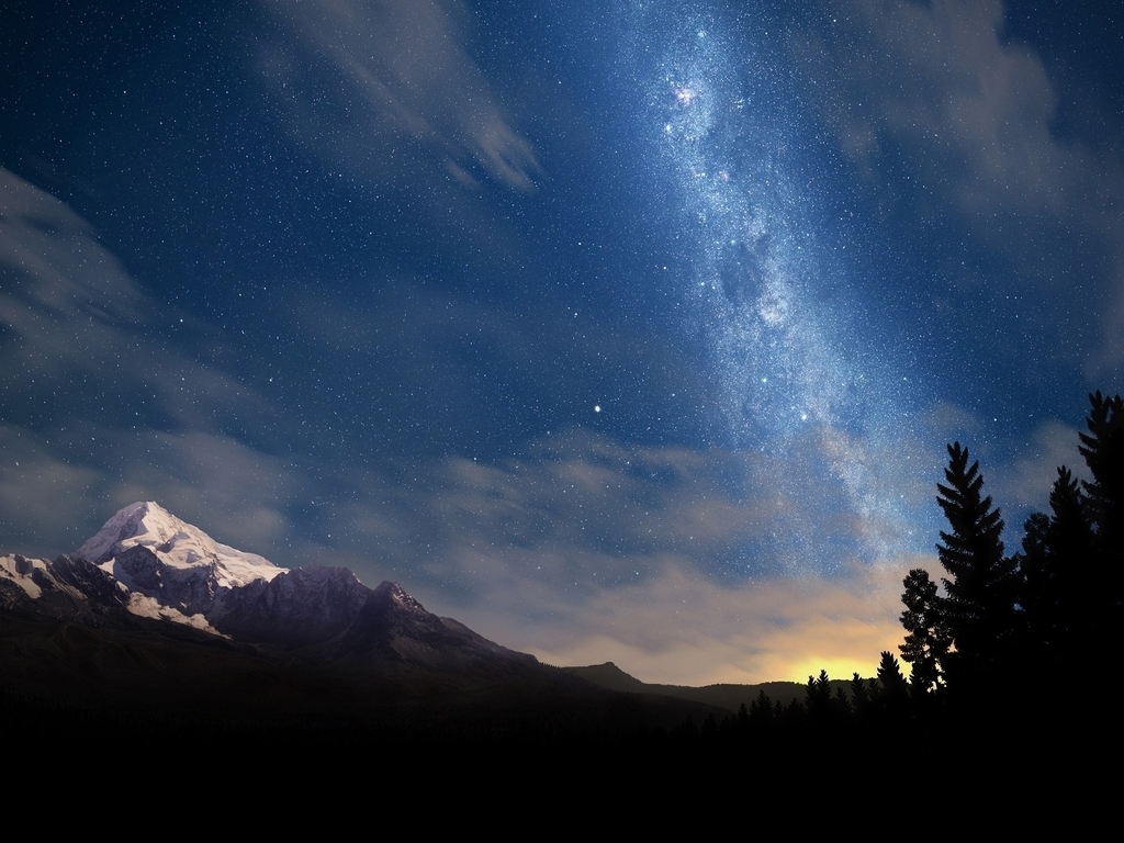 Image: Sky, Milky way, stars, light, clouds, sunset, forest, dark mountains