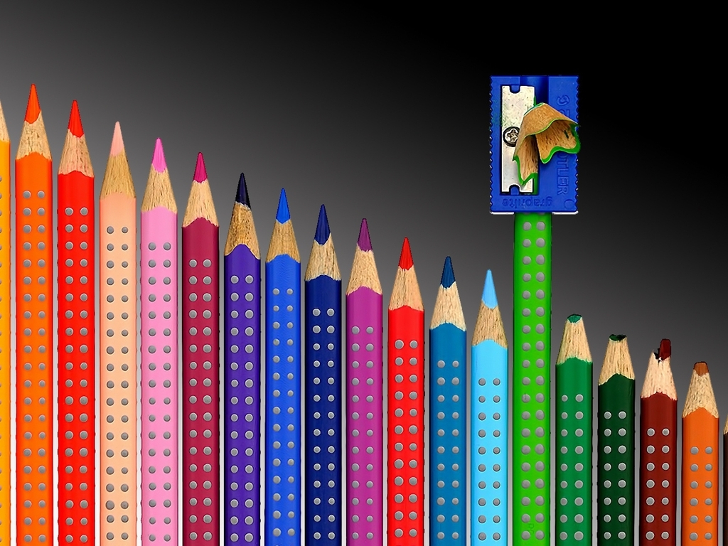 Image: Colored, pencils, row, sharpener, shavings, dots