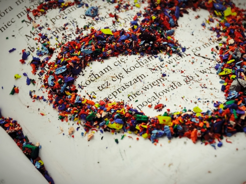 Image: Heart, sawdust, shavings, colored, book, letters
