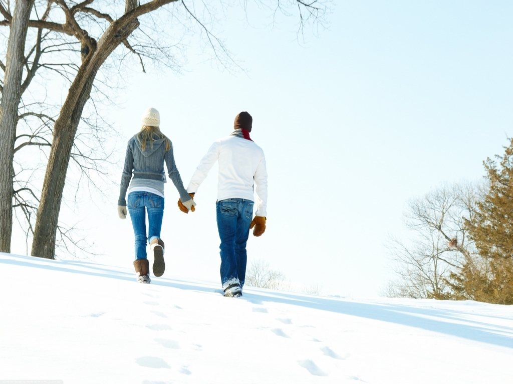 Image: Pair, guy, girl, walk, back, coming, hands, hat, winter, snow, trees