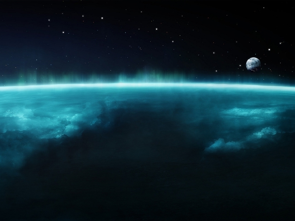 Картинка: Космос, Земля, спутник, Луна, облака, атмосфера, звёзды, свечение