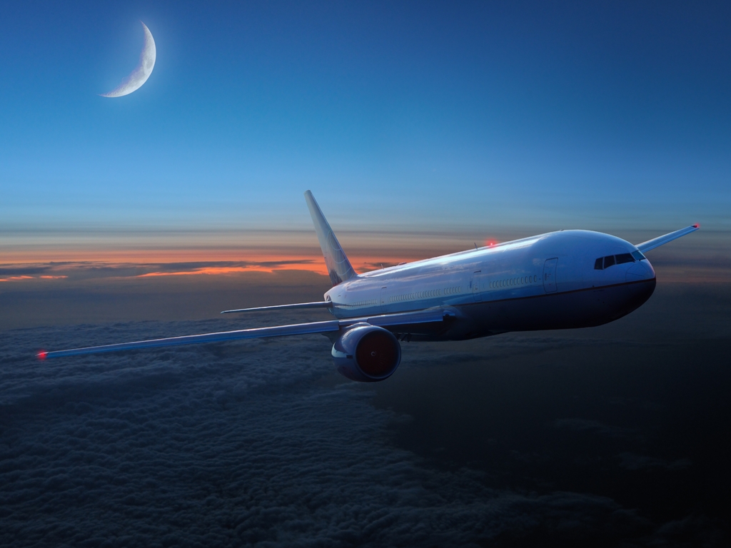 Картинка: Самолёт, вечер, сумерки, облака, небо, месяц, луна