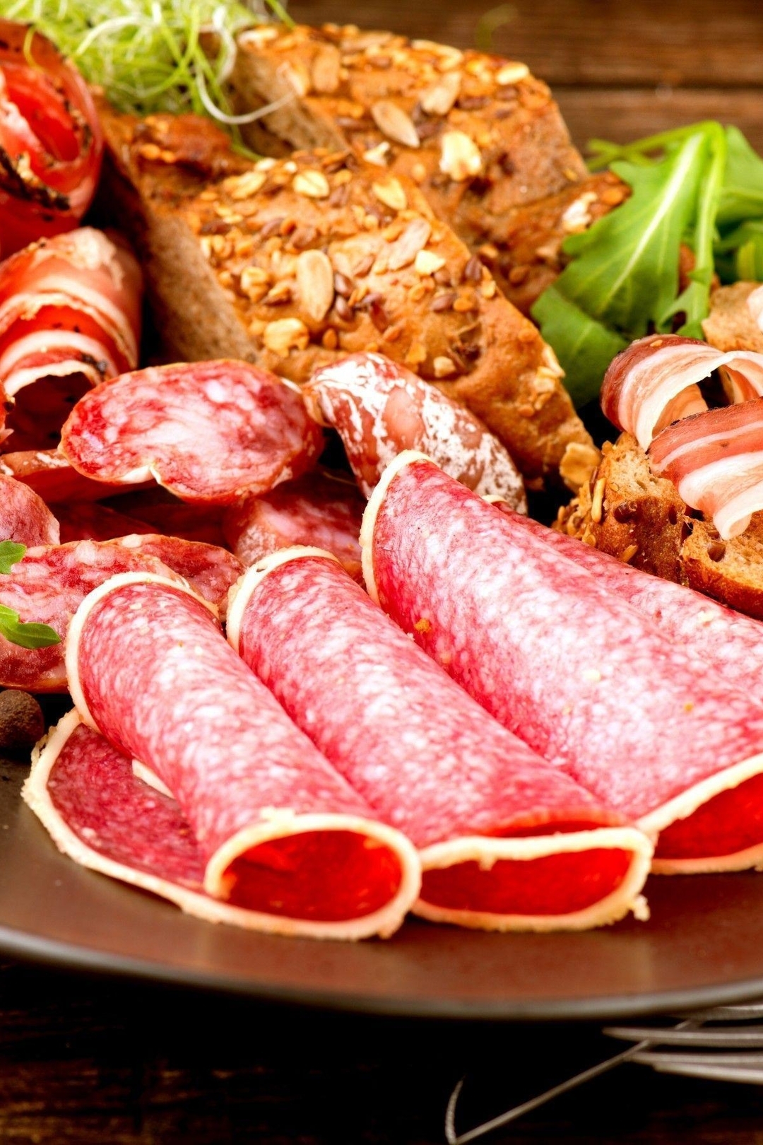 Image: Meats, meat, sausage, salami, loaf, plate, fork