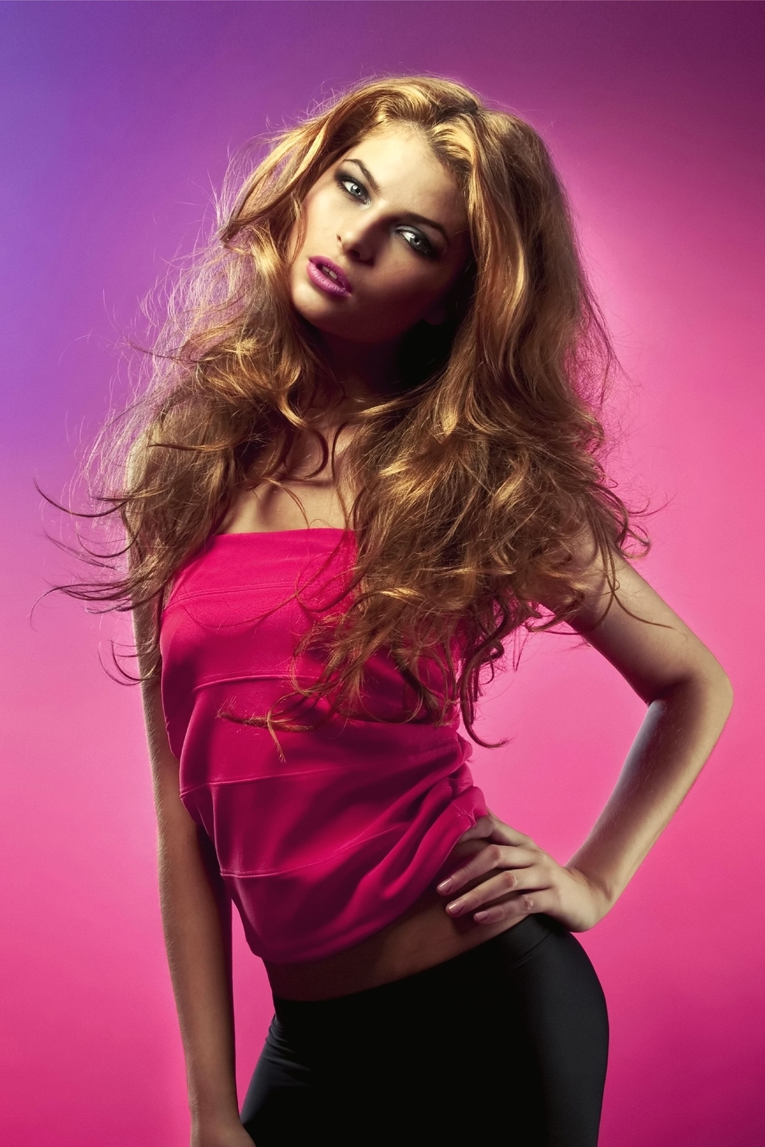 Image: Girl, model, hair, figure, posture, bright, color, purple, pink