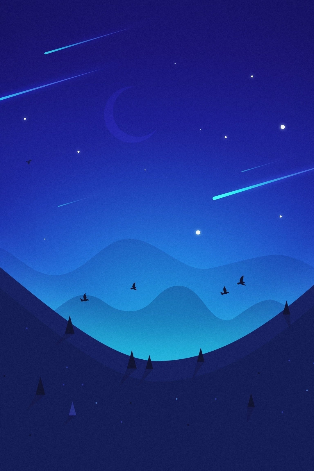 Image: Night, sky, stars, month, mountains, birds