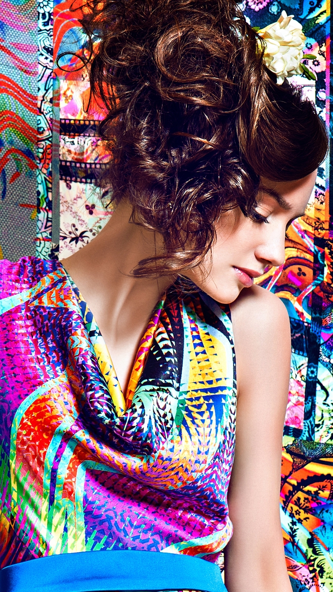 Image: Girl, model, hair, curls, bright dress, ornament