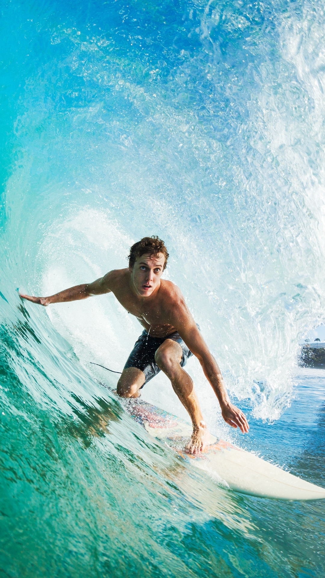 Image: Surfer, board, wave, beach, buildings, water, male