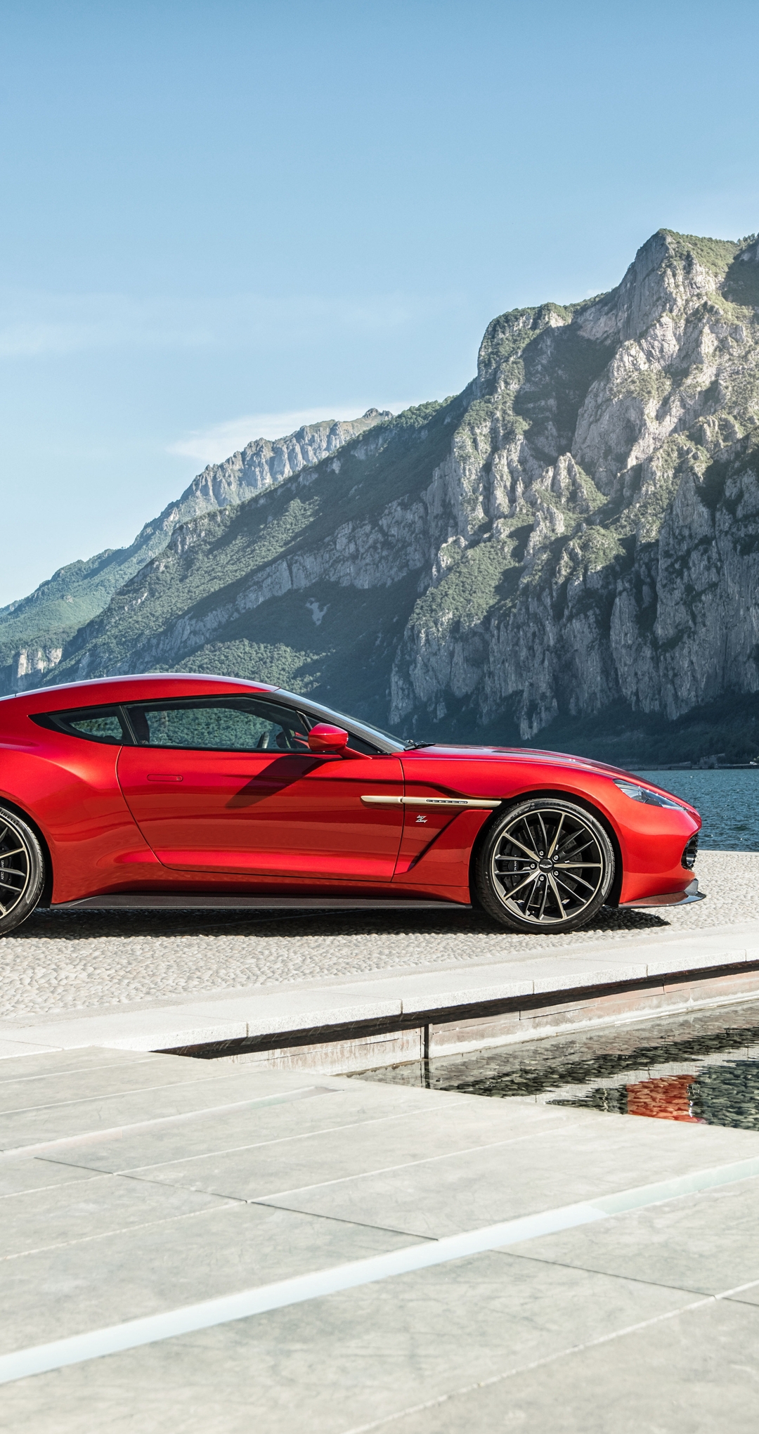 Image: Aston Martin, Red, supercar, sky, mountains, lake, side view
