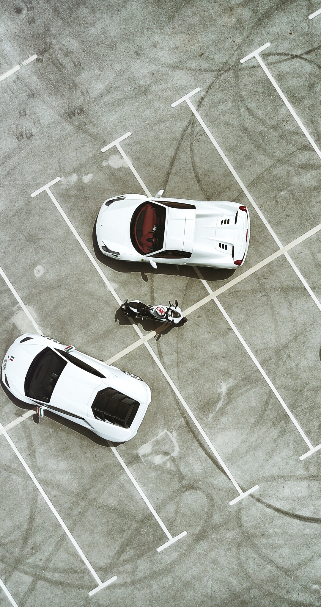 Image: Car, motorcycle, parking, top view, white, tire tracks