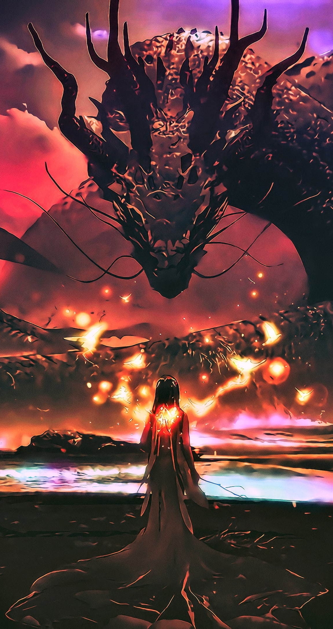 Image: Dragon, snake, girl, lights, water