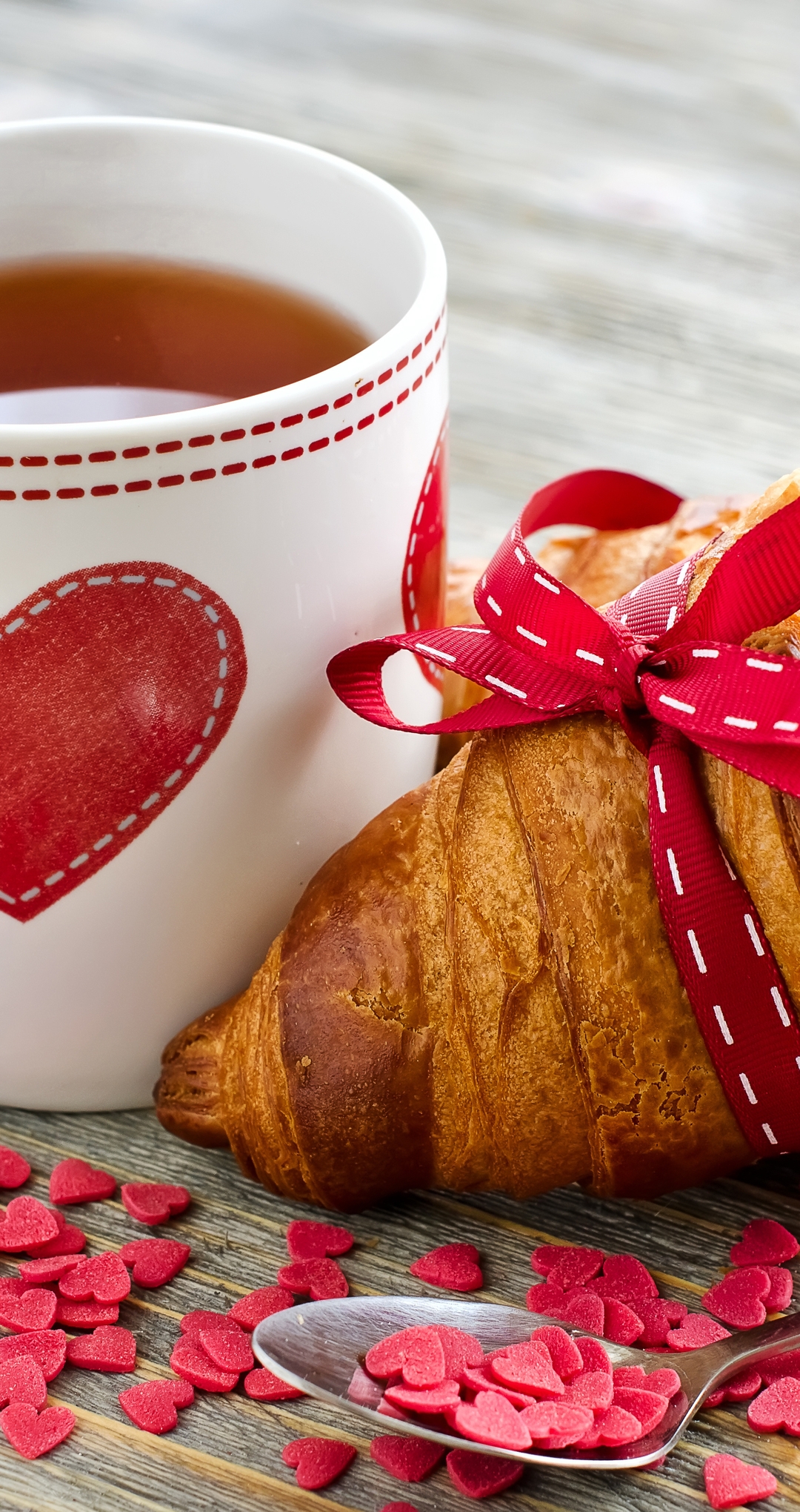 Image: Croissant, cakes, mug, cup, tea, heart, hearts, love, breakfast