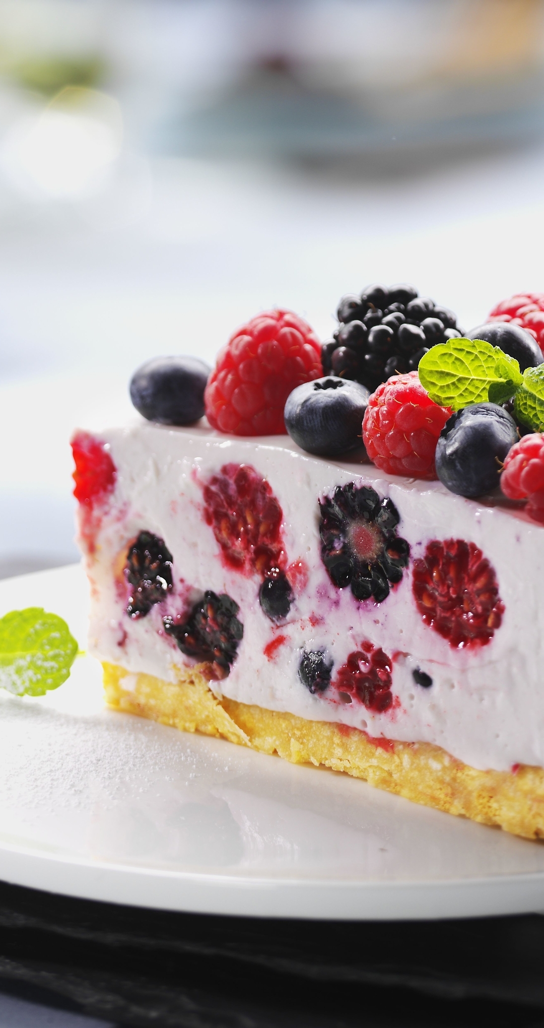 Image: Cake, berries, raspberries, blackberries, blueberries, slice, leaves, fork, plate